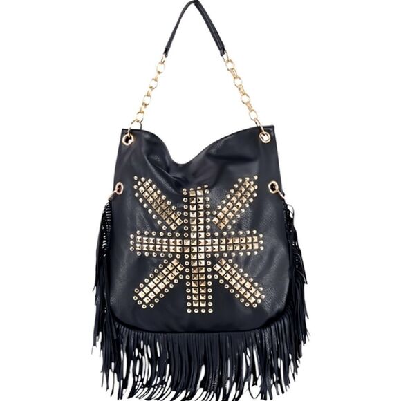 Studded Union Jack Design Fringe Black Hobo Shoulder Handbag Purse - Picture 1 of 8